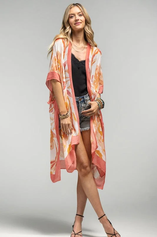 Peach Watercolor Floral Open Front Kimono