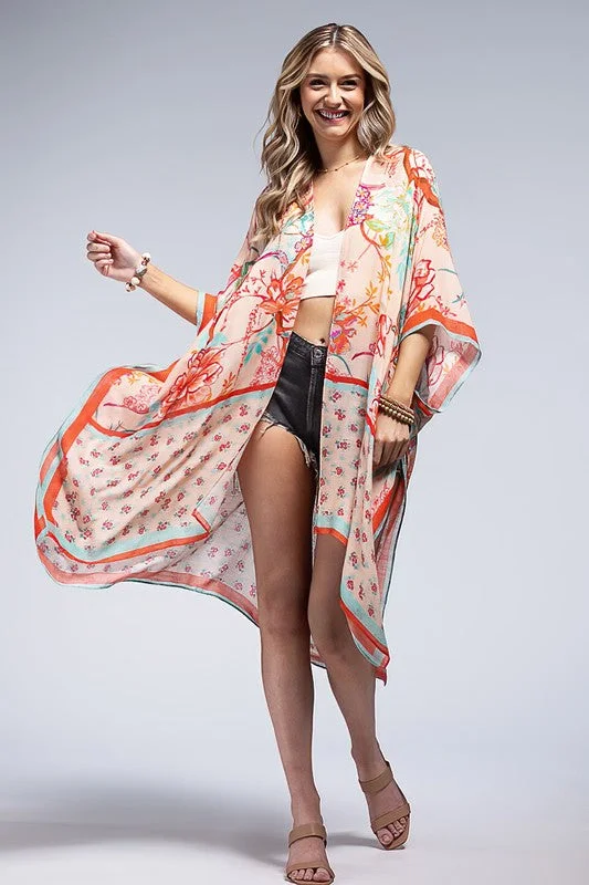 Peachy Watercolor Floral Open Front Kimono