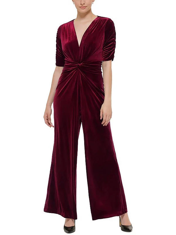 Petites Womens Velvet Wide Leg Jumpsuit