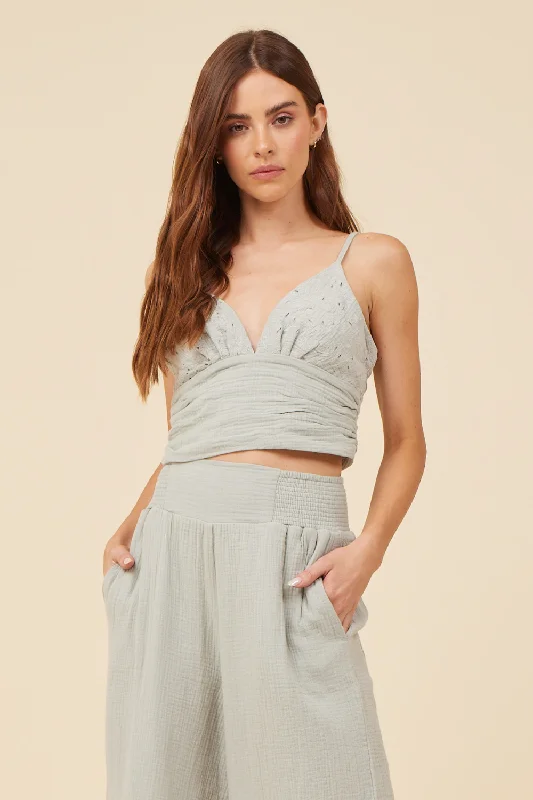 Washed Sage Gauze Eyelet Embroidered Cropped Tank