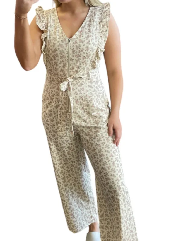 Floral Ruffle Jumpsuit In Cream/pink