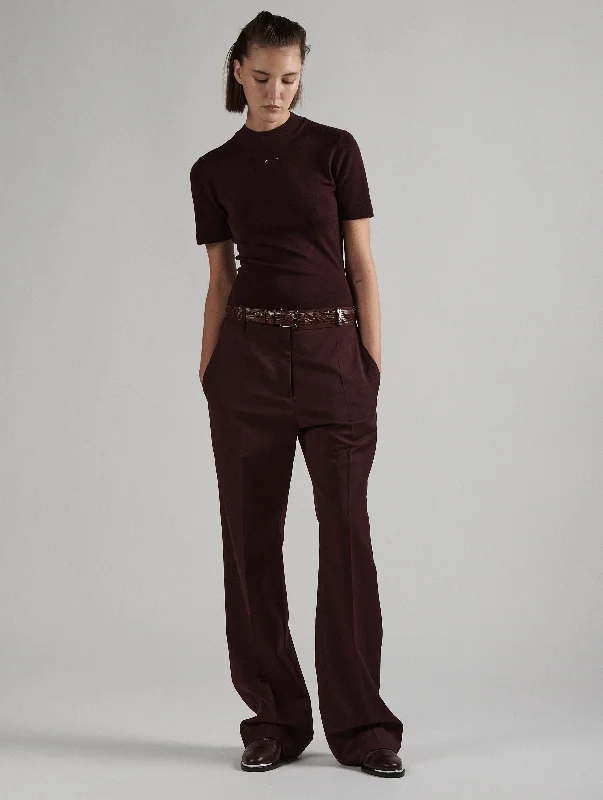 Pantalon taille basse en gabardine de laine bordeaux