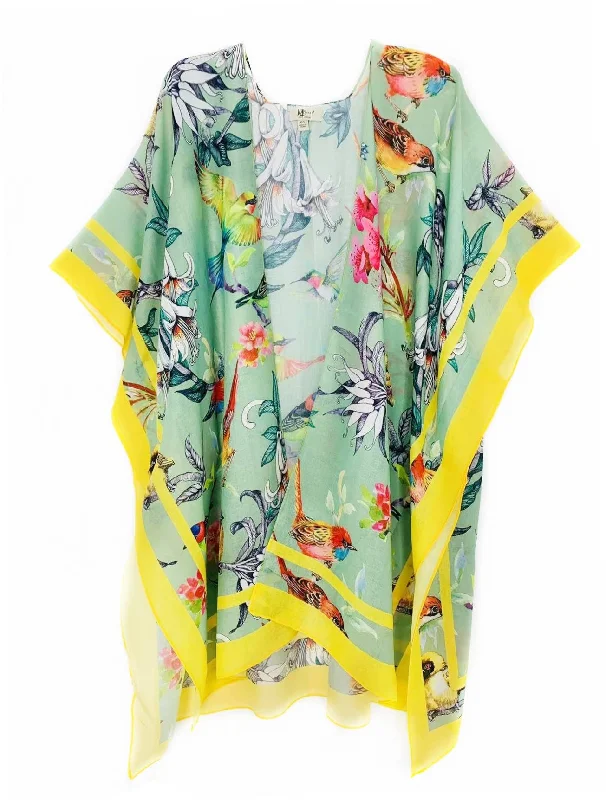 Green-Multi Bird Floral Green Border Accent Kimono 62660