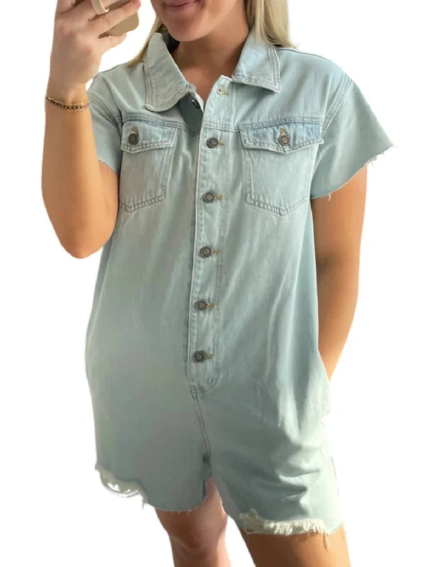 Distressed Denim Romper In Light Wash