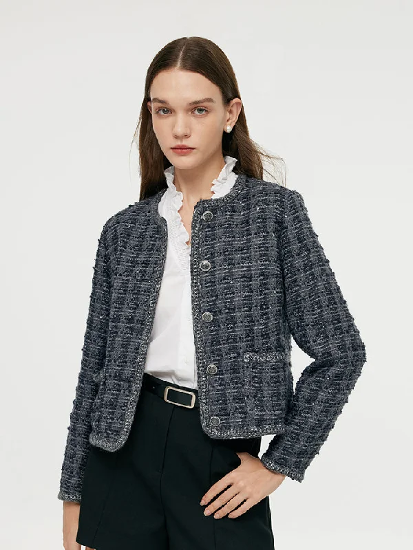 Wool Blend Tweed Sequins Women Crop Jacket