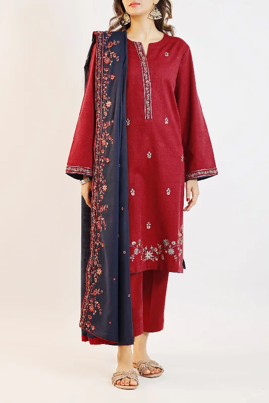 Solid Embroidered Cotton Stitched 3 Piece