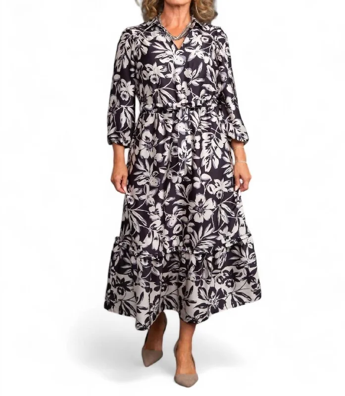 3/4 Sleeve Satin Maxi Dress In Black Floral