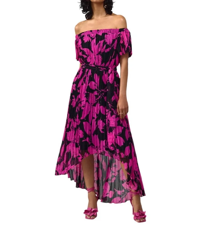 Floral Off-Shoulder Maxi Dress In Black/pink