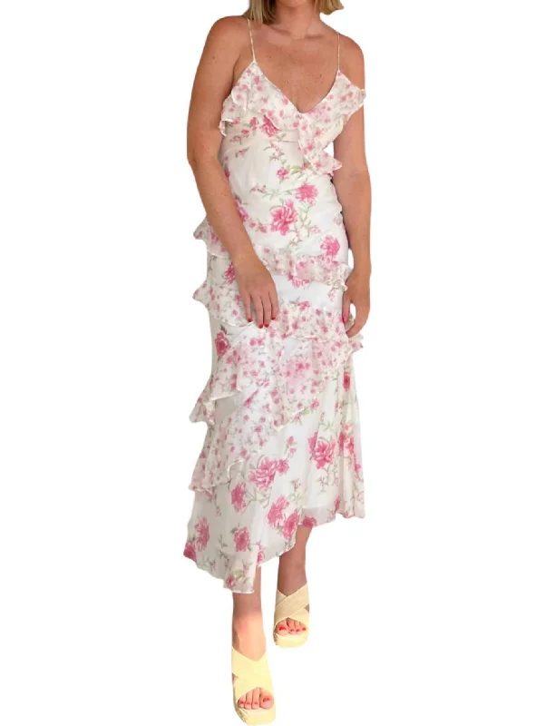 Francesca Floral Ruffle Maxi Dress In Ivory/pink