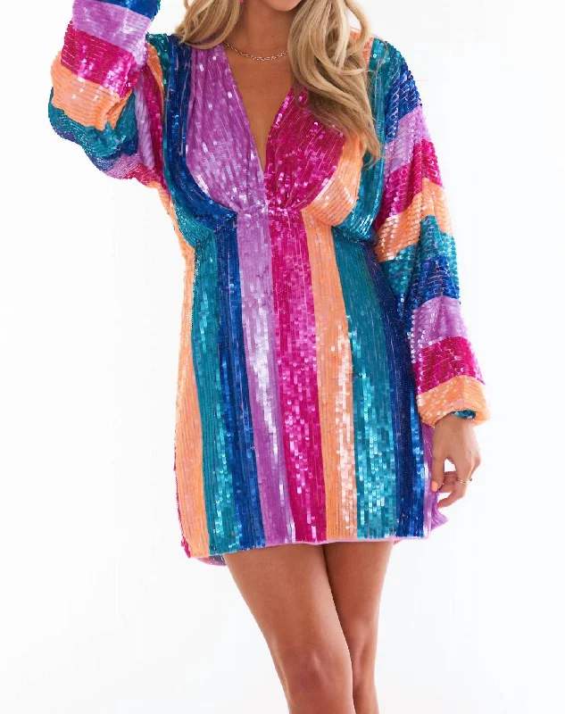 Kidman Mini Dress In Neon Stripe Sequins