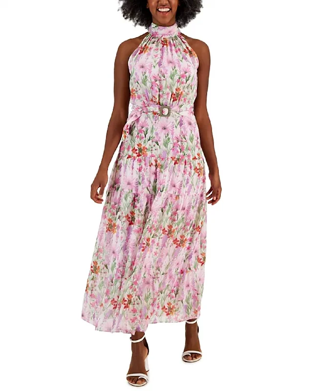 Printed Chiffon Sleeveless Buckle-Waist Maxi Dress In Botanical Iris