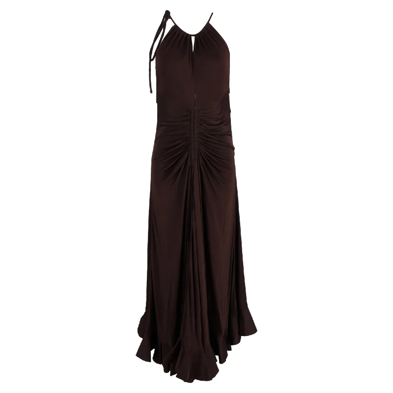 Proenza Schouler Maxi Cut-Out Ruched Dress in Brown Viscose