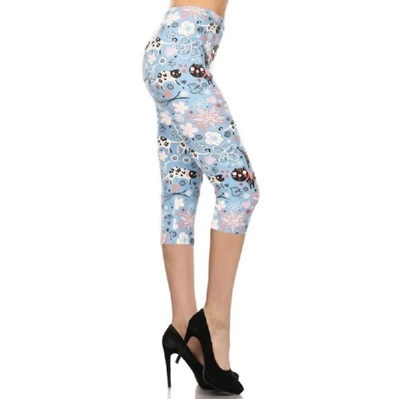 Cats And Flowers Printed, High Waisted Capri Leggings