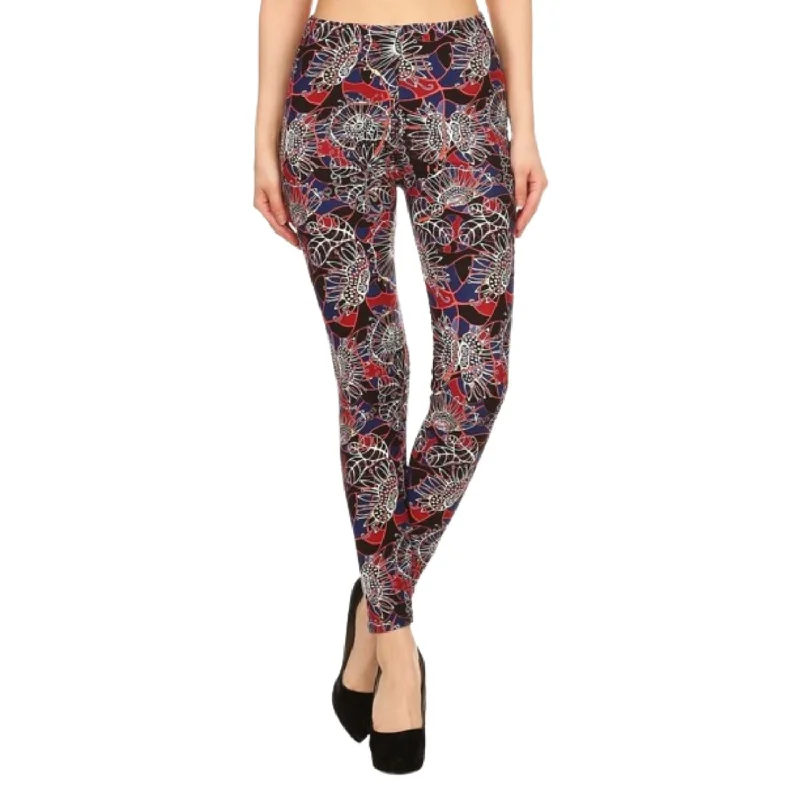 Floral Print High Waist Basic Solid Leggings With 1 Elastic Waistband