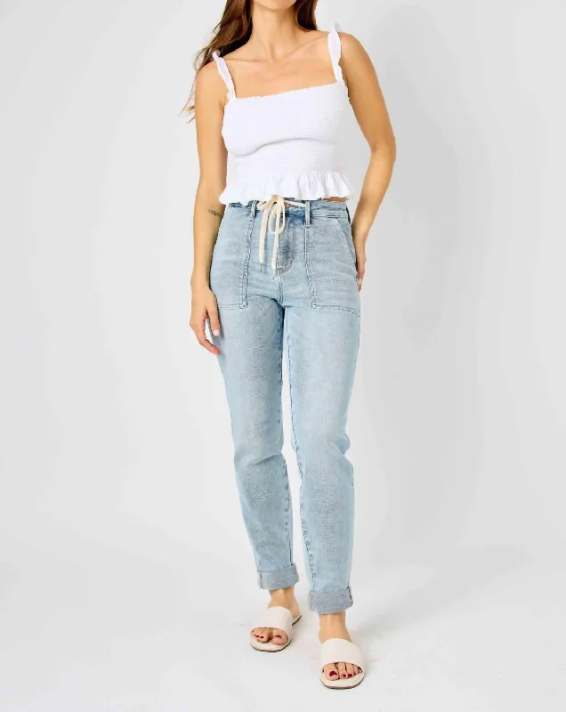 High Waist Double Cuff Jogger Pants In Vintage Wash