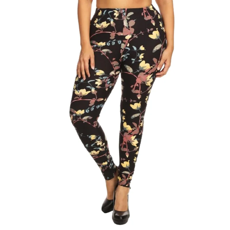 Plus Size Floral Print, Full Length Leggings In A Slim Fitting Style With A Banded High Waist