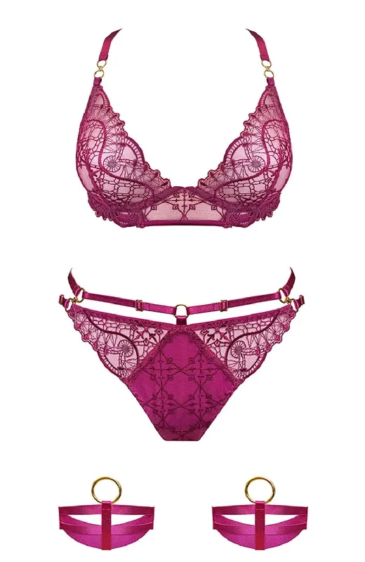 Mari Soft Cup Bra, Open Back Brief and Garters Set