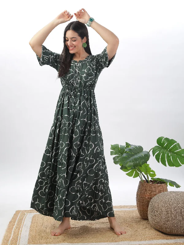 Elegant Green Frock Style Nightdress - Floral Print Rayon Maxi for Women