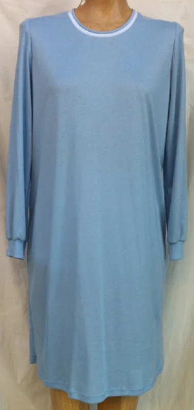 (L61) Ladies Nightie - Long Sleeves - POWDER BLUE with Blue & White Neck Band