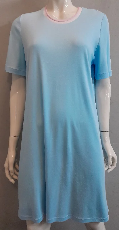 (L6) Ladies Nightie - Short  Sleeves - POWDER BLUE with Pink & White Neck Band