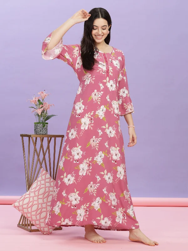 Lily Pink Floral Rayon Designer Nighty