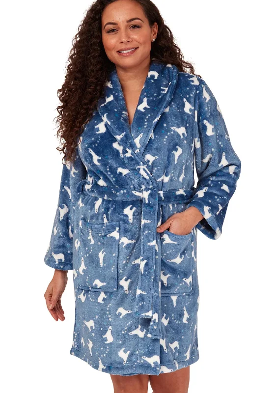 Indigo Sky Polar Bear Fleece Wrap Dressing Gown, Ocean Blue