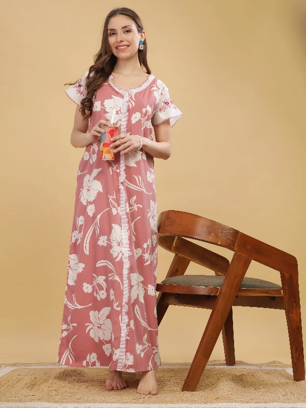 Peach Cap Sleeve Nightdress with Elegant Floral Prints & Pocket