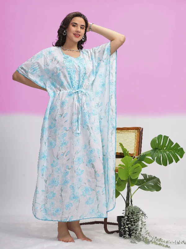 White Cotton Sea Blue Floral Kaftan Dress