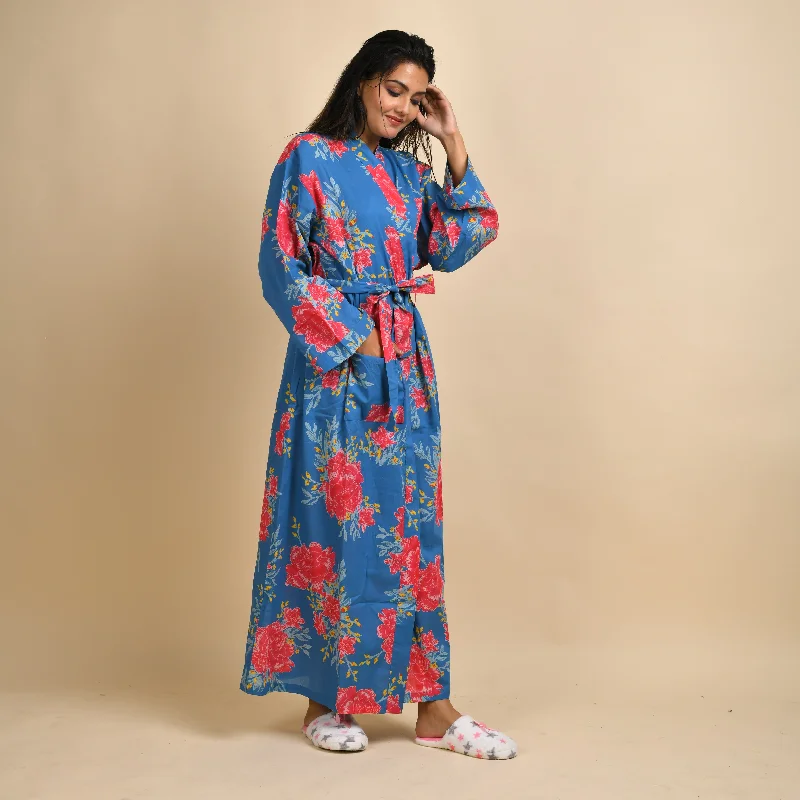 Blue Pure Cotton Hand printed kimono robe