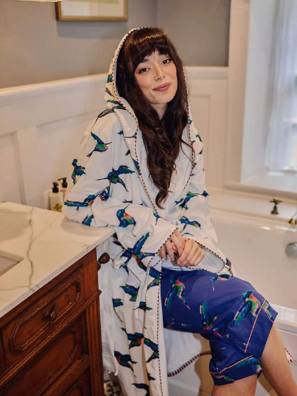 Womens Towelling Dressing Gown White Hummingbird Print