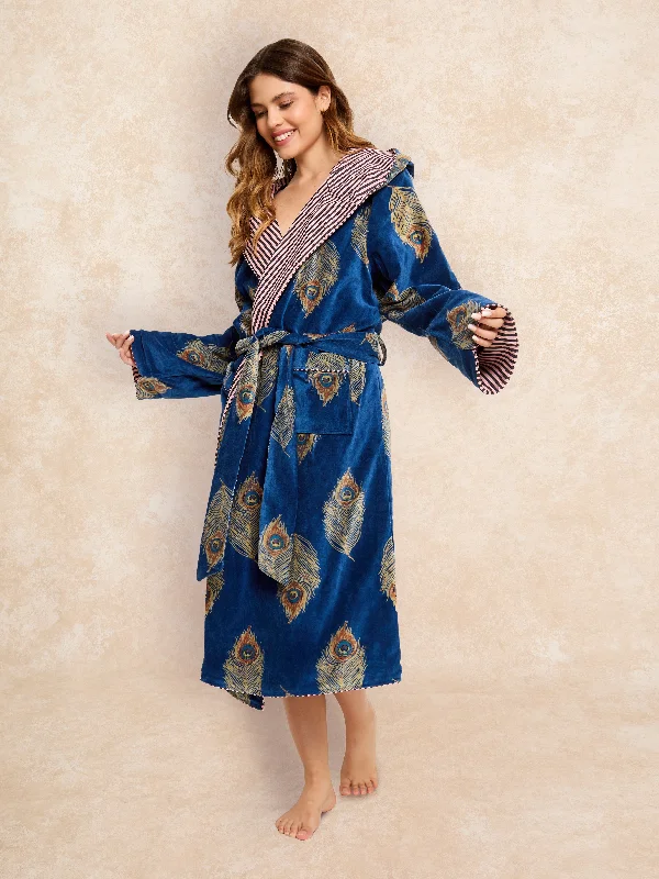 Womens Hooded Velvet Robe Navy Gold Peacock Feather