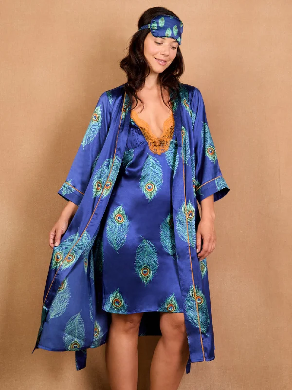 Womens Satin Robe Navy Peacock Feather